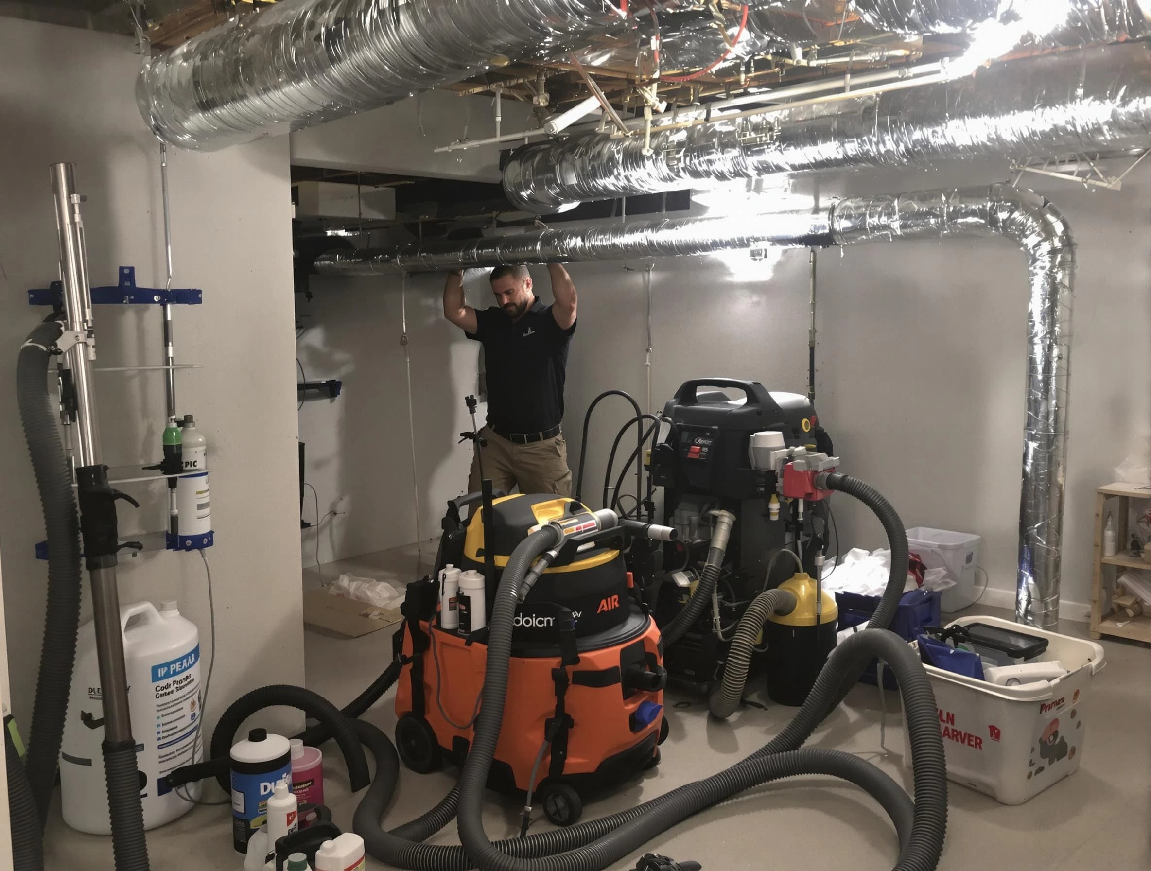 Fredericksburg Air Duct Cleaning specialist performing professional mold removal from air ducts using safety equipment in Fredericksburg