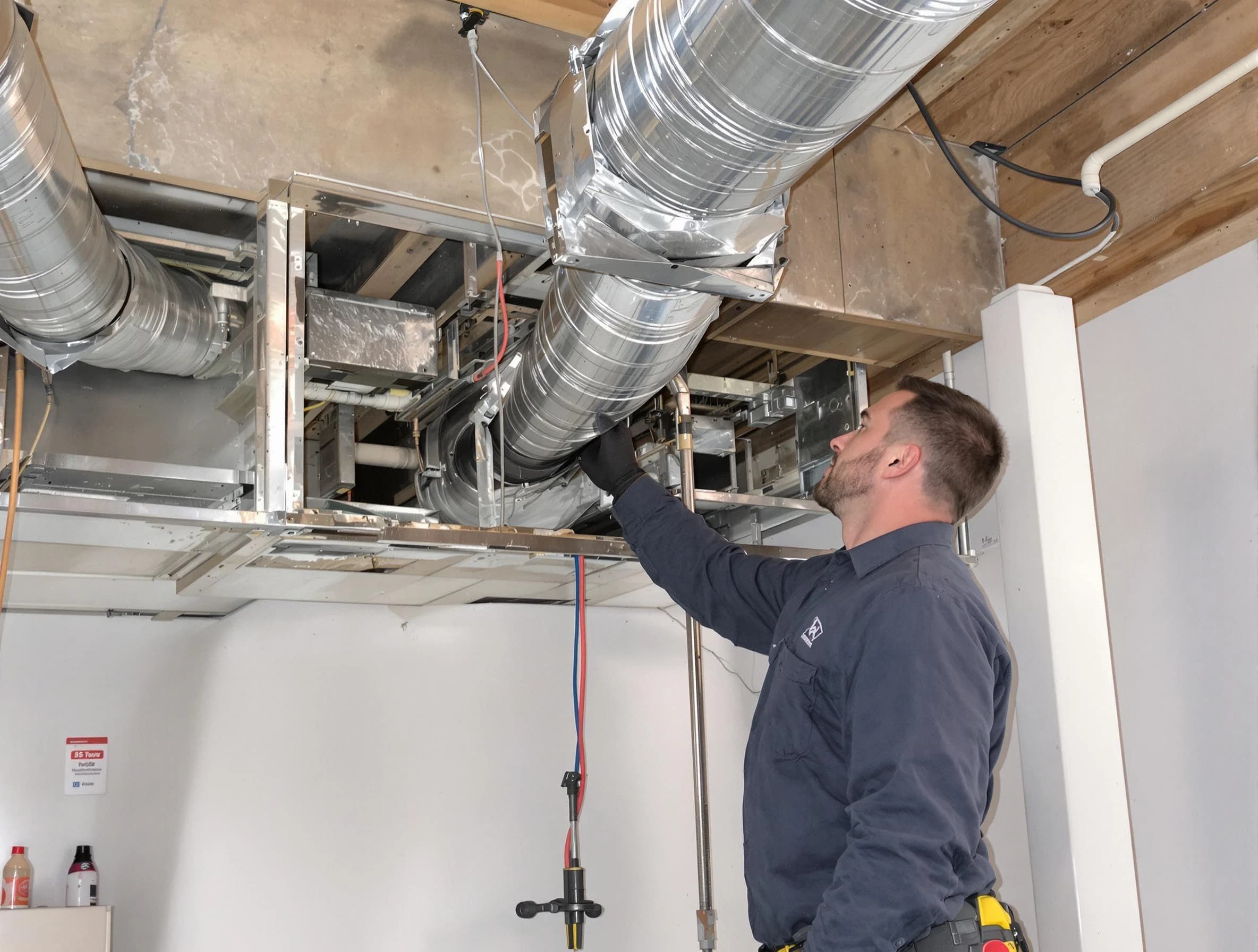 Fredericksburg Air Duct Cleaning technician performing professional air duct repair using specialized tools in Fredericksburg