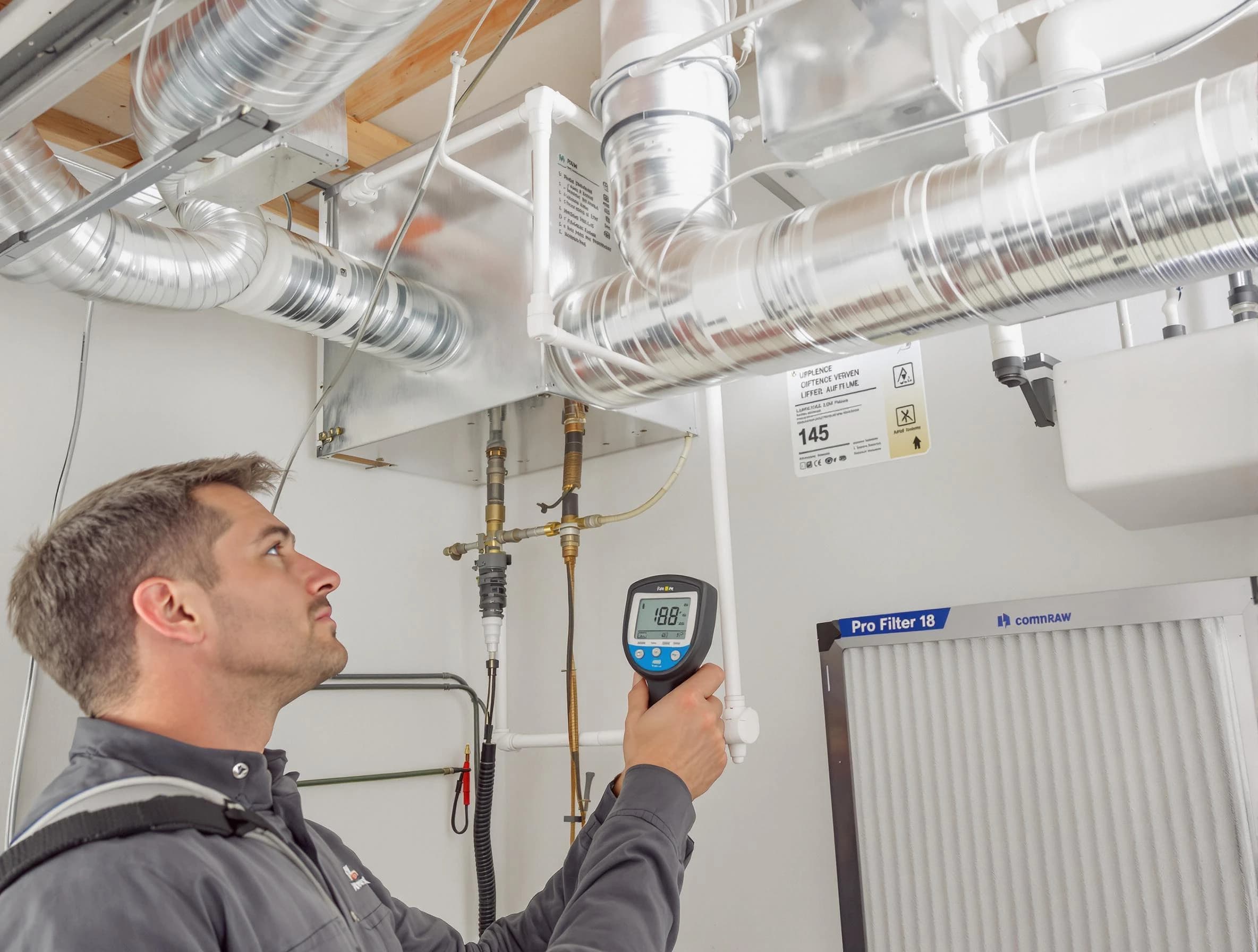 Fredericksburg Air Duct Cleaning expert conducting detailed filter system inspection using diagnostic tools in Fredericksburg