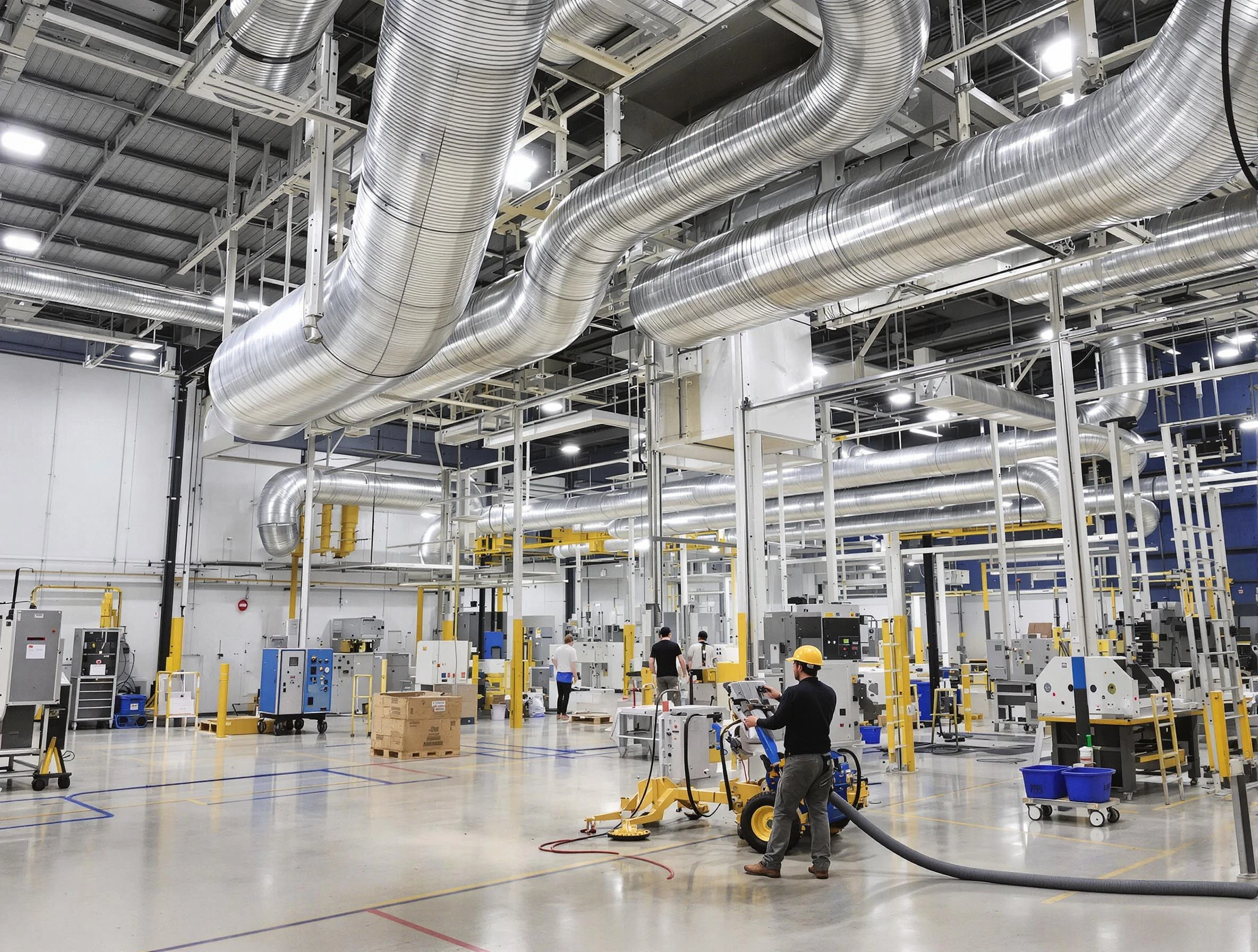 Fredericksburg Air Duct Cleaning team performing comprehensive industrial duct cleaning at a large facility in Fredericksburg