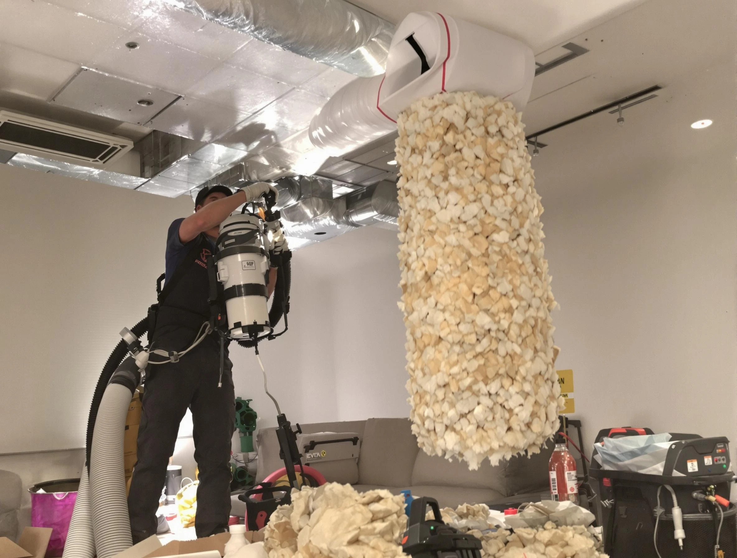 Fredericksburg Air Duct Cleaning technician performing precision vacuum insulation removal in a residential property in Fredericksburg